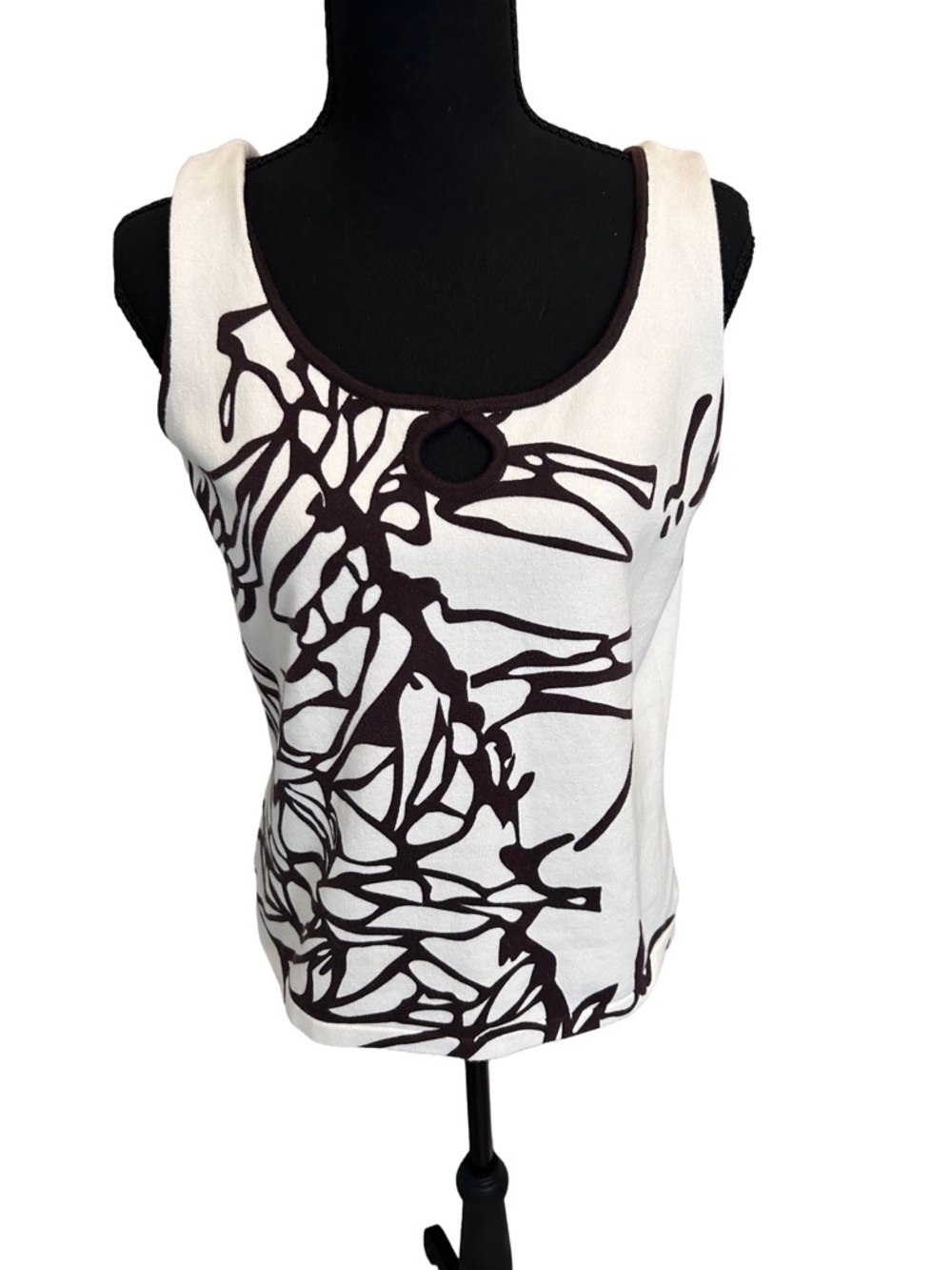👩🎨 Talbots Cream and Brown Art Deco Abstract Cotton Blend Tank M
